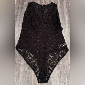 Ambiance Black Lace Bodysuit with Plunging Neckline | Size 1X
